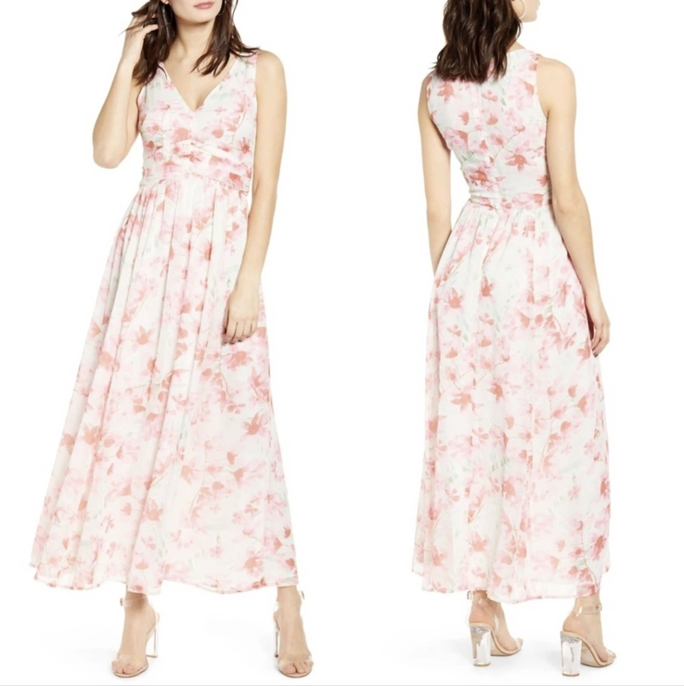 Leith cherry blossom spring Floral Ruched Waist Chiffon Dress midi pink